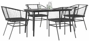 Conjunto de jantar jardim 5 peças almofadas vidro vime PE preto
