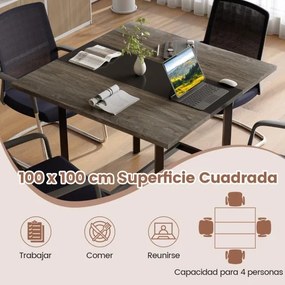 Mesa de reuniões quadrada 100 x 100 x 75 cm com tampo espesso para sala de reuniões para 4 pessoas, cinzenta e preto