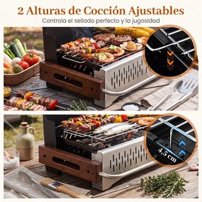 Grelhador a Carvão de Mesa Dobrável Portátil, 51 x 33,5 x 33,5 cm, Dois Níveis de Altura Reguláveis, Preto