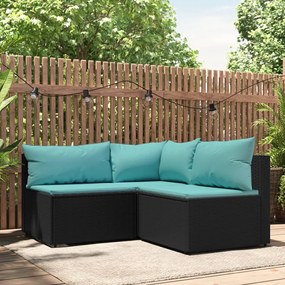 319796 vidaXL 3 pcs conjunto lounge de jardim c/ almofadões vime PE preto