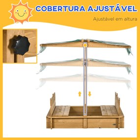 Caixa de Areia para Crianças de Madeira com Toldo Ajustável em Altura 2 Bancos e Encostos para Jardim 106x106x121 cm Natural