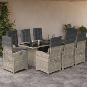 vidaXL 9 pcs conjunto de jantar p/ jardim c/ almofadões cinzento claro