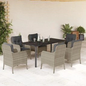 7 pcs conj. jantar p/ jardim c/ almofadões vime PE cinza-claro
