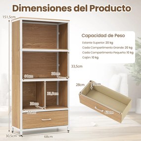 Estante de 4 níveis 68 x 30,5 x 151,5 cm com 4 compartimentos abertos e gaveta dobrável em tecido; Estrutura metálica para quarto ou escritório, em to