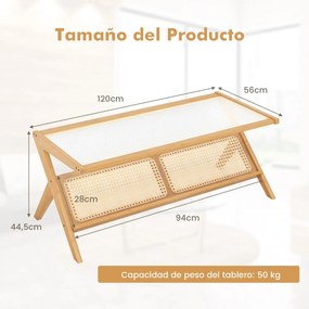 Mesa de centro de bambu de 2 camadas com prateleira de armazenamento superior de vidro para sala de estar 120 x 56 x 44,5 cm natural