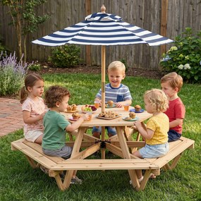 Mesa de Piquenique Infantil Hexagonal com Guarda-Sol, 162 x 141 x 53 cm, 6 Bancos Integrados, Natural