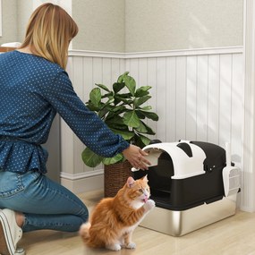 Caixa de Areia para Gatos Grandes XL em Aço Inoxidável com Tampa Rebatível, Pá e Desodorizante, Panda, Preto