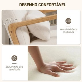 Poltrona de Baloiço com Apoio para os Pés Estofado em Bouclé com Almofada Acolchoada Encosto Ergonómico Apoios de Braços e Pés de Madeira 64,5x82x89 c