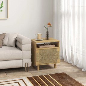 Mesa de Cabeceira Estilo Bohémio com Porta de Corda de Papel Prateleira Aberta e Abertura por Pressão 45x39x50 cm Cor Carvalho