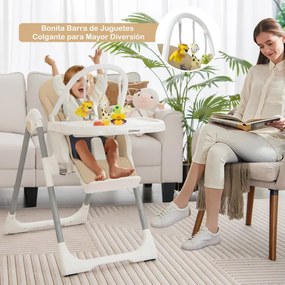 Cadeira refeição alta dobrável 4 em 1 para bebé com apoio para os pés retrátil de 7 alturas, rodas com travão, almofada removível 78 x 52,5 x 104,5 cm