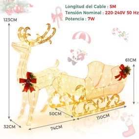 Conjunto de Rena e Trenó do Pai Natal, 50 x 184 x 123 cm, Pré-iluminado com 215 Luzes LED, Branco
