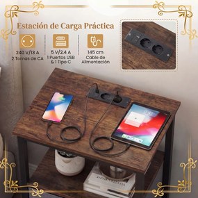 Conjunto de 2 mesas de cabeceira com estação de carregamento 40 x 30 x 61 cm, gaveta e estantes, Estrutura metálica moderna, cinzento escuro, Castanho