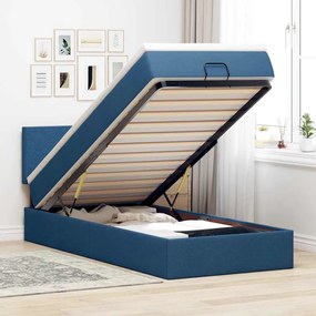 Cama Otomana com Colchão & LEDs Tecido Azul 90x200 cm