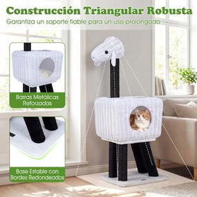 Arranhador para gatos 35,5 x 47 x 110 cm em rattan PE com postes de sisal, almofada felpuda, bola suspensa, 2 entradas, casinha em forma de cordeiro,