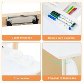 Conjunto de mesa e banco de arte para crianças com cavalete ajustável de dupla face, quadro magnético e rolo de papel substituível Branco