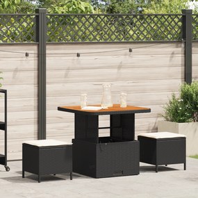 Conjunto de Jantar de Jardim com 3 Peças e Almofadas Preto em Rattan Sintético e Acácia