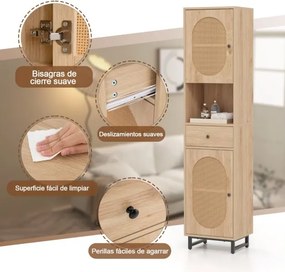 Armário estreito 170 cm de altura de rattan com portas, estantes e gavetas para sala de estar e jantar Natural