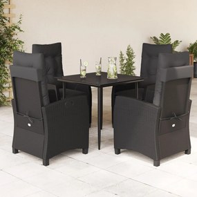 5 pcs conjunto de jantar p/ jardim c/ almofadões vime PE preto