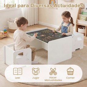 Conjunto de mesa e 2 cadeiras infantis com quadro de giz integrado e motivo de elefante em madeira, para crianças a partir dos 3 anos, sala de jogos/c