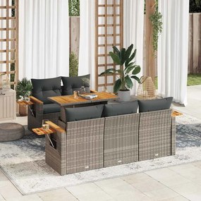 6 pcs conjunto sofás jardim com almofadões PE/acácia cinzento