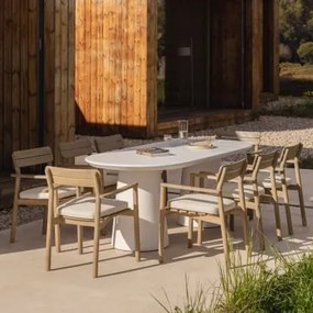 Conjunto De Mesa Oval 220x95 Cm Em Cimento Noemi E 8 Cadeiras De Jardim Com Braços Em Madeira De Acácia Saira Branco - Sklum