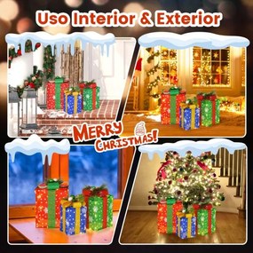 Decoração de 3 caixas de presente de Natal iluminadas com 52 luzes LED pré-iluminadas Multicolorido