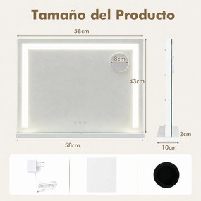 Espelho de Maquilhagem, 58 x 10 x 43 cm, Luz LED de 3 Cores, Branco