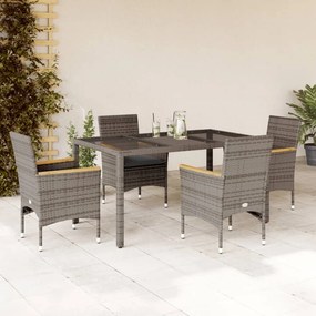 vidaXL 5 pcs conjunto jantar jardim c/ almofadões vime PE/vidro cinza