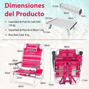 Conjunto de 3 peças: mesa e cadeiras de praia com cadeiras reclináveis, mesa dobrável em alumínio e mochila com 5 posições, com riscas cor-de-rosa