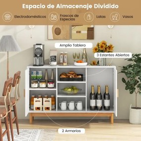 Aparador buffet 120 cm Armário de arrumação com 2 portas em tecido de bambu 3 Estantes abertas para cozinha Sala de jantar Branco