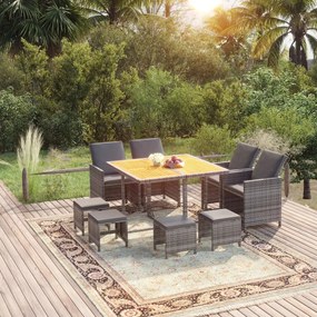 9 pcs conjunto jantar p/ jardim c/ almofadões vime PE cinzento