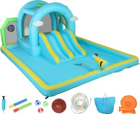 AIYAPLAY Castelo Insuflável Aquático 7 em 1 com Insuflador 450 W 2 Escorregas Trampolim Piscina Cesto Coluna de Boxe 426x360x198 cm Multicor | Aosom Portugal