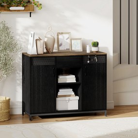 Aparador de 2 Portas com Orifícios 2 Compartimentos e Gaveta Prateleiras Ajustáveis 100x40x80 cm Preto e Castanho Rústico