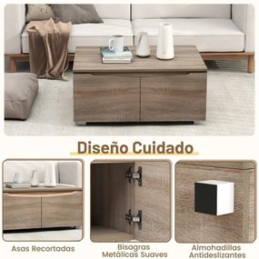 Mesa de centro rústica 80 x 60 x 37 cm baixa com arrumação com 4 portas e abertura em 2 direções castanha