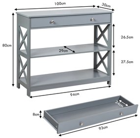 Mesa consola com 1 gaveta e 2 prateleiras Mesa de entrada com X-Design para hall de entrada e corredor 100 x 30 x 80 cm Cinzenta