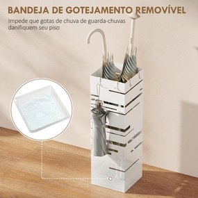 Suporte para Guarda Chuva Metálico com 4 Ganchos e Bandeja de Recolha de Gotas Removível  15,5x15,5x49 cm Branco
