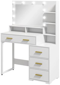 HOMCOM Toucador com Espelho e 9 Luzes LED 4 Gavetas e 6 Compartimentos Abertos 100x40x138 cm Branco | Aosom Portugal