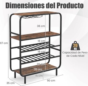Garrafeira com capacidade para 16 garrafas 90 x 35 x 117 cm, 5 níveis e suportes para copos; Estrutura metálica industrial; prateleira de arrumação em