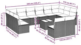 13 pcs conj. sofás jardim c/ almofadões vime PE cinzento-claro