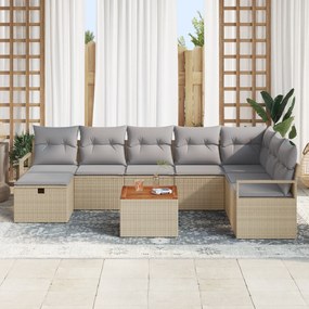 Conjunto de Sofá de 9 Peças para Jardim com Almofadas Bege Vime Poliés