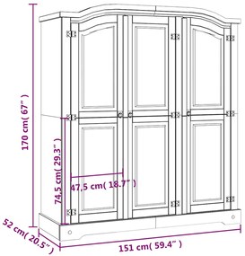 Roupeiro Corona Range pinho mexicano com 3 portas cinzento