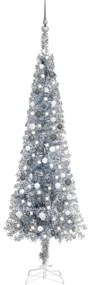 3078135 vidaXL Árvore de Natal fina com luzes LED e bolas 240 cm prateada