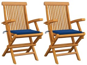 Cadeiras de jardim c/ almofadões azul real 2 pcs teca maciça