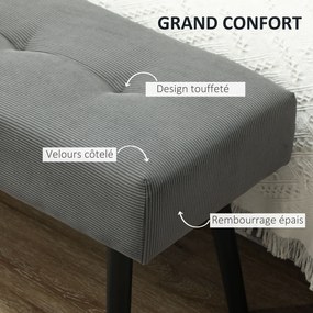 Banco para colocar ao pé da cama, estofado em veludo canelado e com pés em aço preto, capacidade de carga de 220 kg, 100 x 36 x 45 cm, cinzento