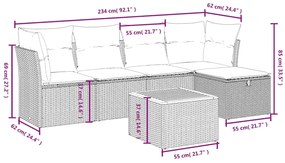 6 pcs conjunto sofás de jardim c/ almofadões vime PE preto