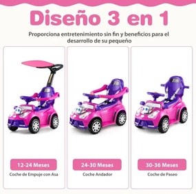 Andarilho crianças forma carro 3 em 1 Carro deslizante com guiador, buzina, música, luz e cinto de segurança Rosa