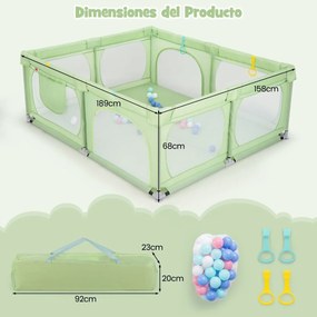 Parque para bebés dos 0 aos 3 anos com 4 argolas 50 bolas do oceano Bolso de arrumação em rede respirável com fecho de correr Verde