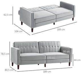 Sofá de 2 Lugares Convertível em Cama de Estofado Aveludado com Encosto Ajustável para Sala 189x80,5x78,5 cm Cinza Claro