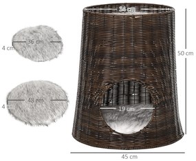 Cesta de Vime para Gatos Cama Caverna de 2 Níveis com Almofadas Laváveis Ø45x50cm Castanho