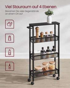 Carrinho cozinha estreito 13 x 45,4 x 77 cm com 4 prateleiras e pega em preto